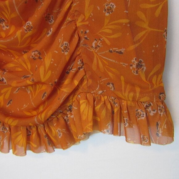 Free People Romi Mesh Mini Skirt Orange Floral Rushed Ruffle Festival Womens XS - Picture 3 of 6